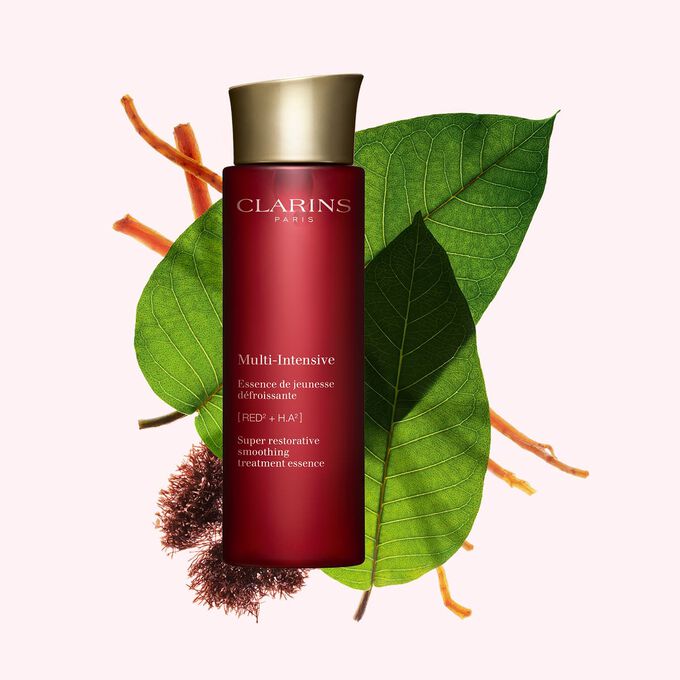 Lozione di giovinezza effetto lifting Multi-Intensive Clarins con estratto di harungana bio per nutrire in profondit&agrave; e rassodare la pelle del viso.