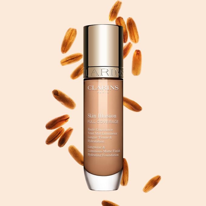 Clarins Skin Illusion Full Coverage con design elegante e packaging vivace: il fondotinta ideale per un incarnato naturale e uniforme.