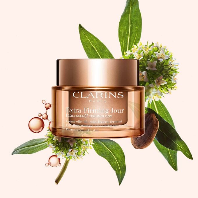 Packshot di Extra-Firming Crema Giorno Anti-rughe - Speciale pelle secca Clarins, con pianta di mitracarpus, seme di pecan e molecola di collagene