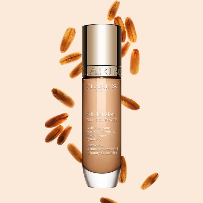 Clarins Skin Illusion Full Coverage con design elegante e packaging vivace: il fondotinta ideale per un incarnato naturale e uniforme.