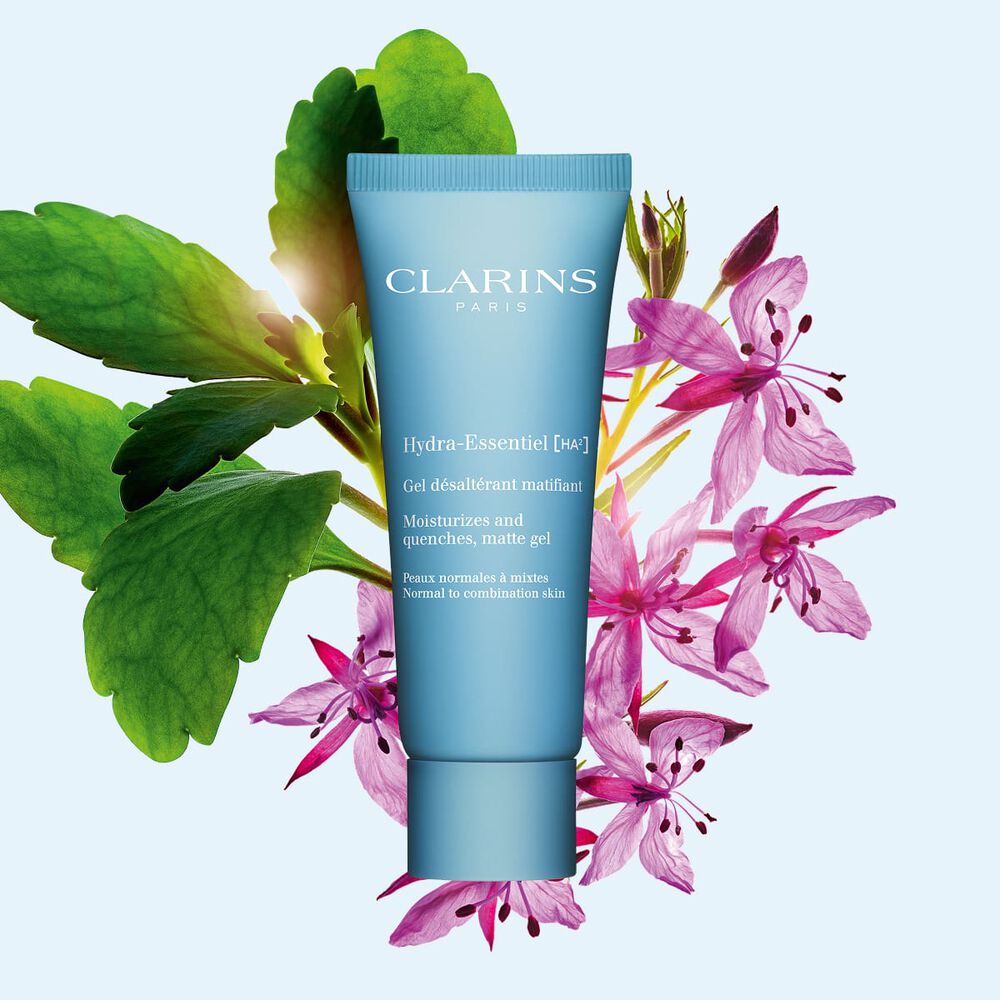 Immagine che mostra Hydra-Essentiel [HA&sup2;] Gel Mat Clarins, un gel da giorno arricchito con acido ialuronico che idrata e opacizza.