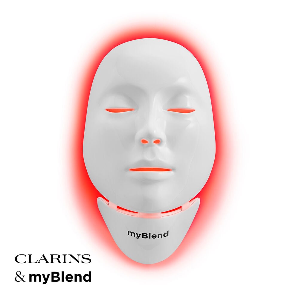 Packshot di myLEDmask2 per viso e collo di myBlend, in collaborazione con la distribuzione Clarins