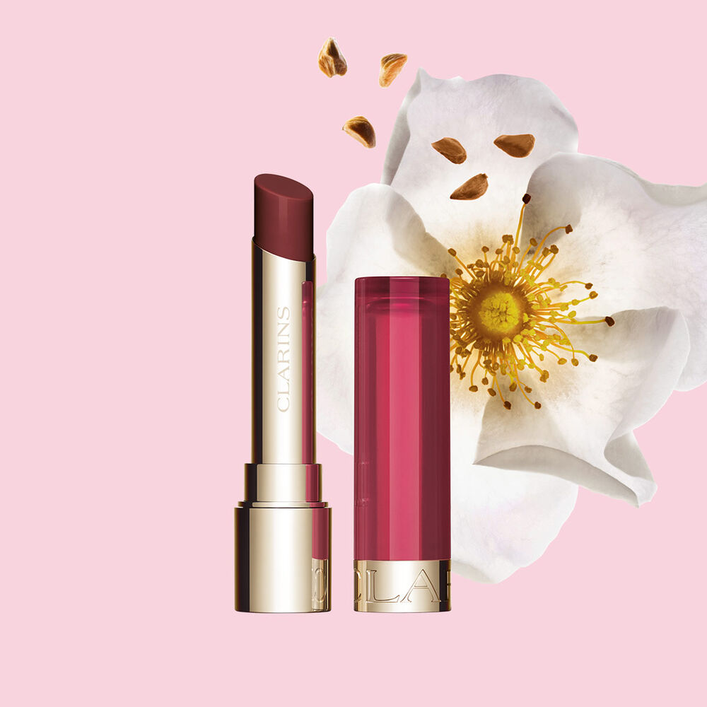 Clarins Nourishing Lip Oil Balm giving a subtle bordeau finish look