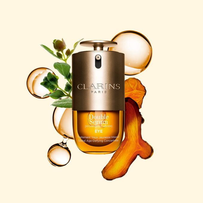 Il siero contorno occhi Double Serum con curcuma, maggiorana, niacinamide e caffeina, per una routine di idratazione completa del contorno occhi.