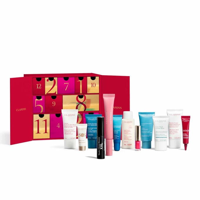 Packshot del calendario del Calendario Beauty Clarins da 12 giorni, con prodotti indispensabili per la tua routine di bellezza e cura della pelle quotidiana