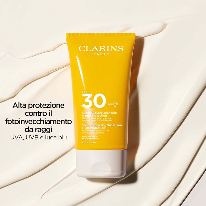 Crema Solare Giovinezza Alta Protezione SPF30 di Clarins per il corpo che protegge da raggi UVA, UVB e luce blu.