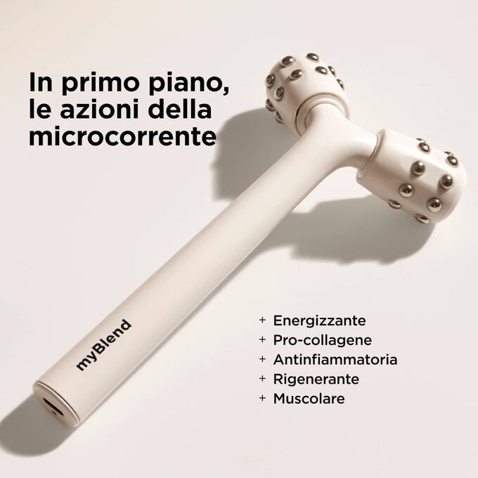 Strumento per il massaggio del viso effetto lifting myLIFTINGroller bianco, presentato con un elenco dei benefici che mette in evidenza le azioni antiet&agrave; della microcorrente.
