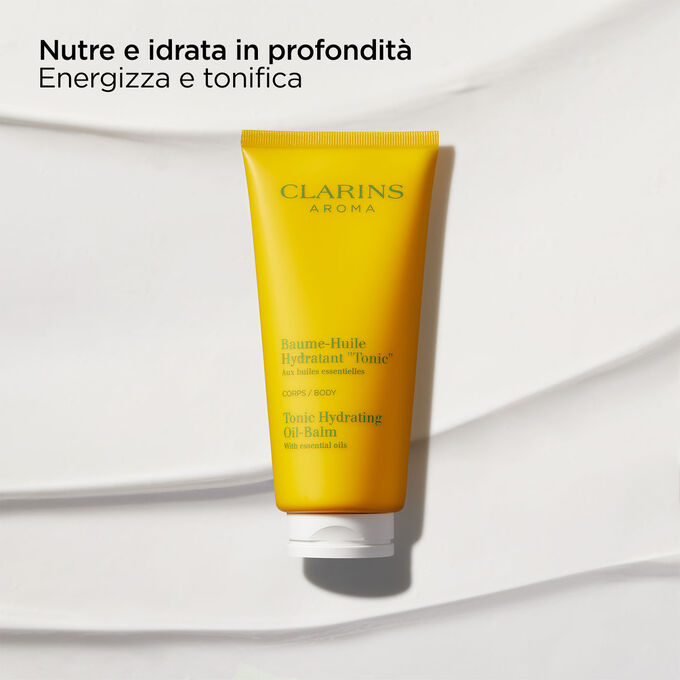 Immagine che rappresenta la Crema-in olio idratante corpo “Tonicità” Clarins evidenziandone le proprietà nutrienti, energizzanti e idratanti.
