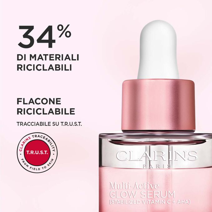 Primo piano parte superiore del flacone Multi-Active Glow Serum, che evidenzia il 34% di materiali riciclati e design riciclabile.