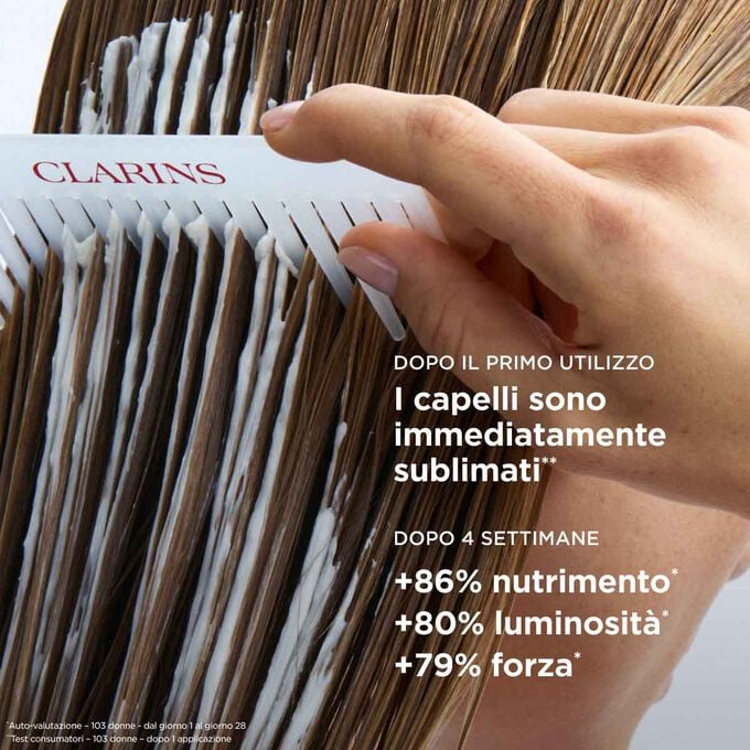 Maschera per capelli lisci: 86% di nutrimento in pi&ugrave; e 80% di lucentezza per capelli immediatamente sublimati.