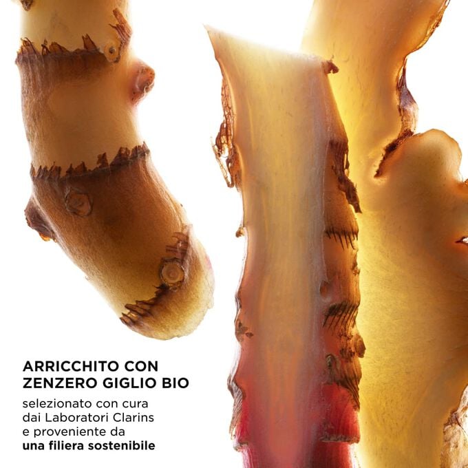 Focus sulle fettine di zenzero, che mettono in risalto gli ingredienti chiave di UV Protect, selezionati con cura dai Laboratori Clarins e provenienti da fonti sostenibili.