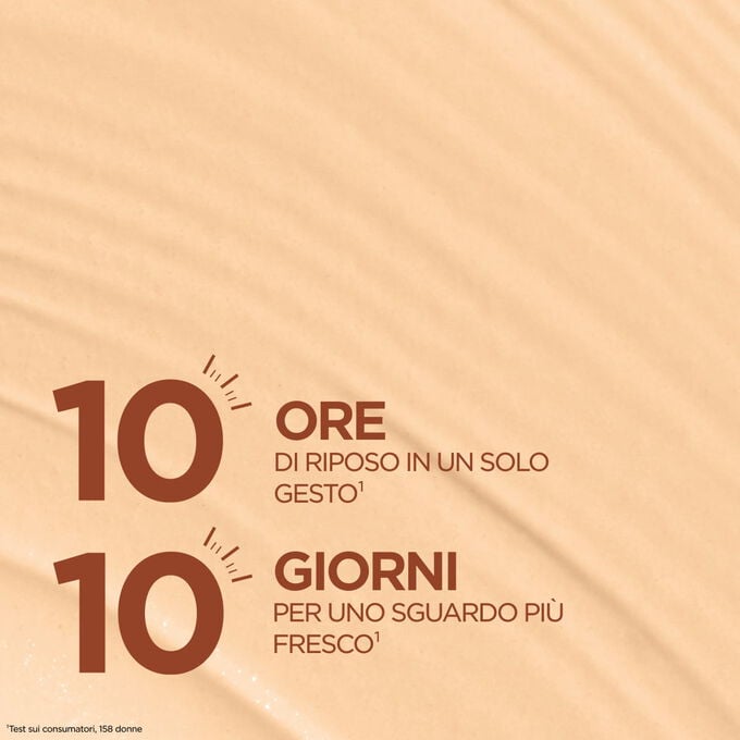Una texture perfezionatrice che dona l'effetto di 10 ore di sonno e contribuisce a rendere il contorno occhi pi&ugrave; fresco in soli 10 giorni, per uno sguardo riposato e luminoso.