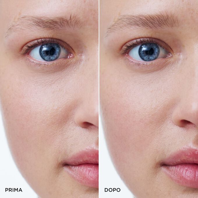 Prima e dopo delle sopracciglia di una donna dopo aver usato la matita per sopracciglia bionde 2-in-1 di Clarins: il risultato sono sopracciglia pi&ugrave; folte e definite.