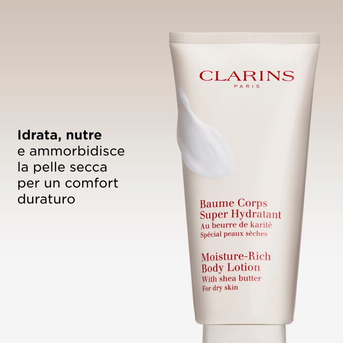 Tubo di Crema Corpo Super Idratante che evidenzia i principali benefici del prodotto: idrata, nutre e ammorbidisce la pelle molto secca.