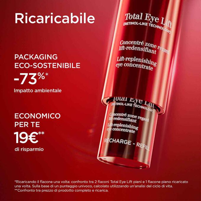 Primo piano del packaging di Total Eye Lift che evidenzia il suo formato con eco-ricarica con un impatto ambientale ridotto del 73%.