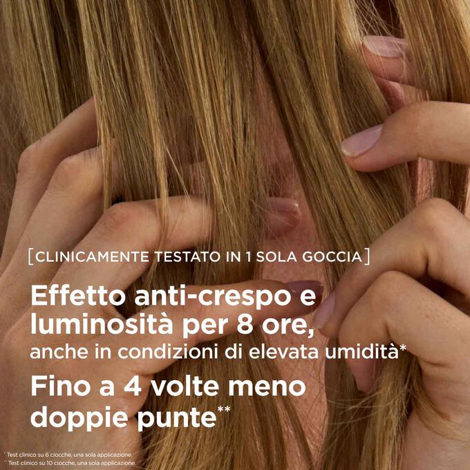 Trattamento in olio anti-crespo per 8 ore di lucentezza e quattro volte meno doppie punte, anche in condizioni di umidit&agrave;.