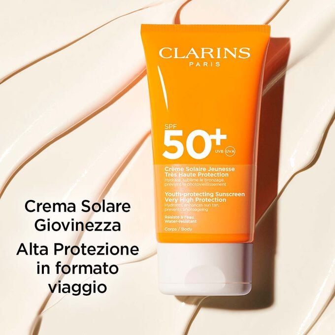 Crema Solare Giovinezza Alta Protezione SPF50 di Clarins con testo che sottolinea il formato da viaggio ad alta protezione.