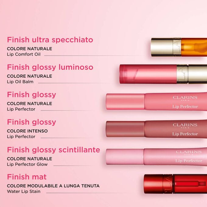Must-have della gamma labbra di Clarins: Lip Oil, Lip Balm, Lip Stain, e Lip Perfector per un colore naturale, comfort e brillantezza di lunga durata