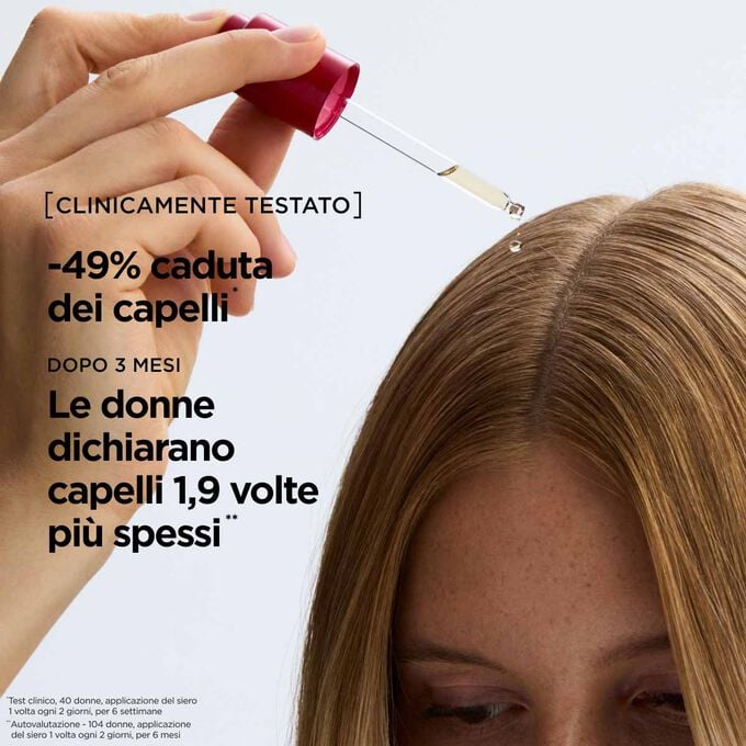Applicazione del siero anticaduta direttamente sul cuoio capelluto per migliorare la longevit&agrave; dei capelli e stimolare la densit&agrave;, donando un aspetto pi&ugrave; folto.