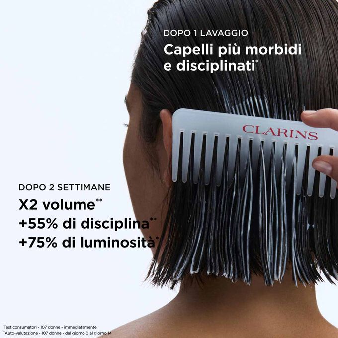Risultati del balsamo lisciante sui capelli: volume raddoppiato e capelli pi&ugrave; lucenti del 73%, facili da mettere in piega.