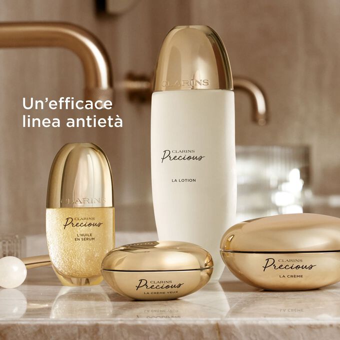 Una selezione di must-have antiet&agrave; della linea Clarins Precious, per un lussuoso rituale di skincare completo.