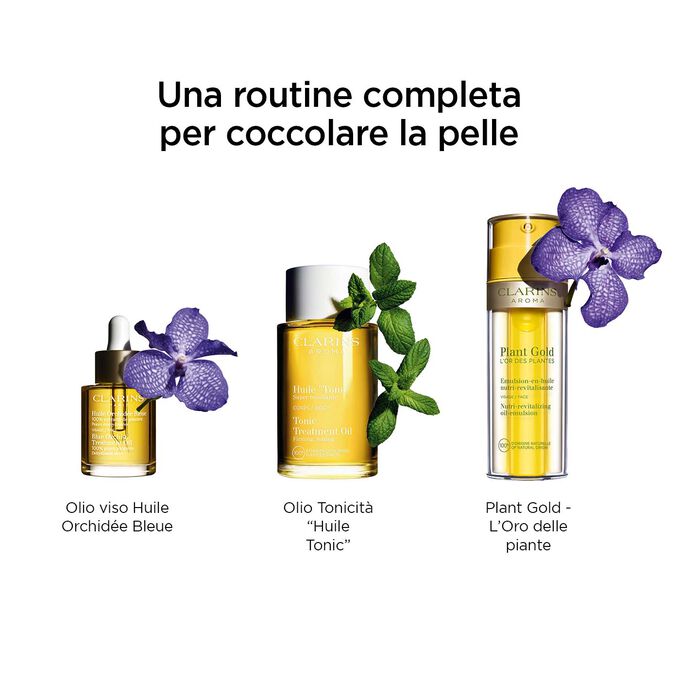 Routine per coccolare la pelle con Olio viso Huile Orchid&eacute;e Bleue, Olio Tonicit&agrave; &ldquo;Huile Tonic&rdquo; e Plant Gold - L&rsquo;Oro delle piante