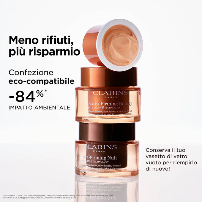 Packshot della confezione e della ricarica Extra-Firming, che mettono in risalto la confezione ecologica e le caratteristiche ricaricabili per la sostenibilit&agrave;