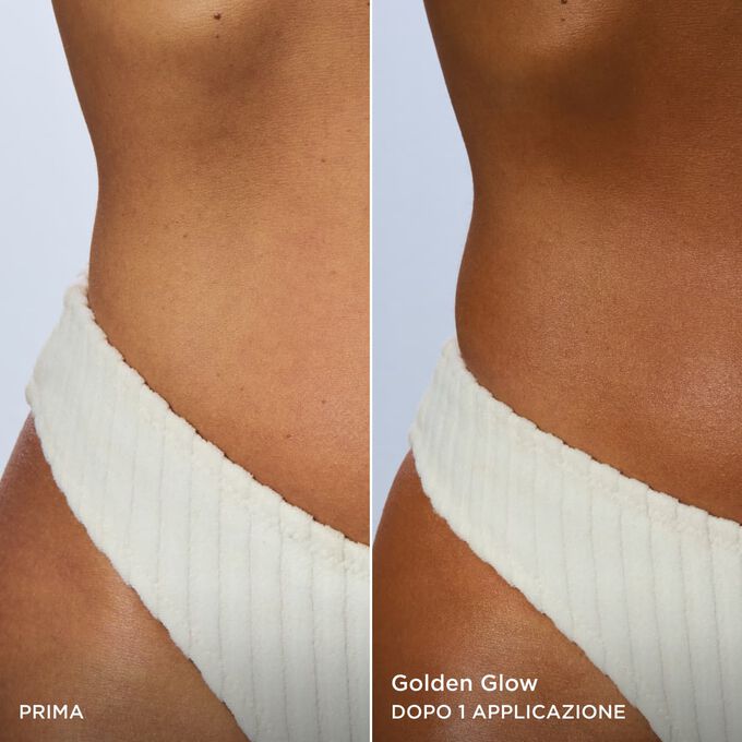 Prima e dopo del corpo di una donna, che mostra un colorito dorato naturale dopo una sola applicazione del Latte Fondente Autoabbronzante per il corpo Clarins.