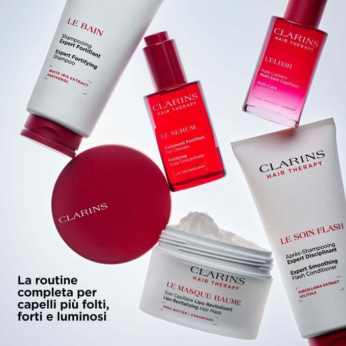 Linea completa Hair Therapy Clarins: cinque trattamenti per il cuoio capelluto e i capelli per migliorare il volume, la forza e la lucentezza.