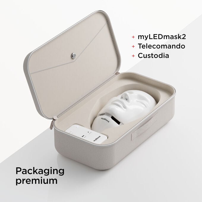 Primo piano del packaging premium di myLEDmask2 con custodia e telecomando