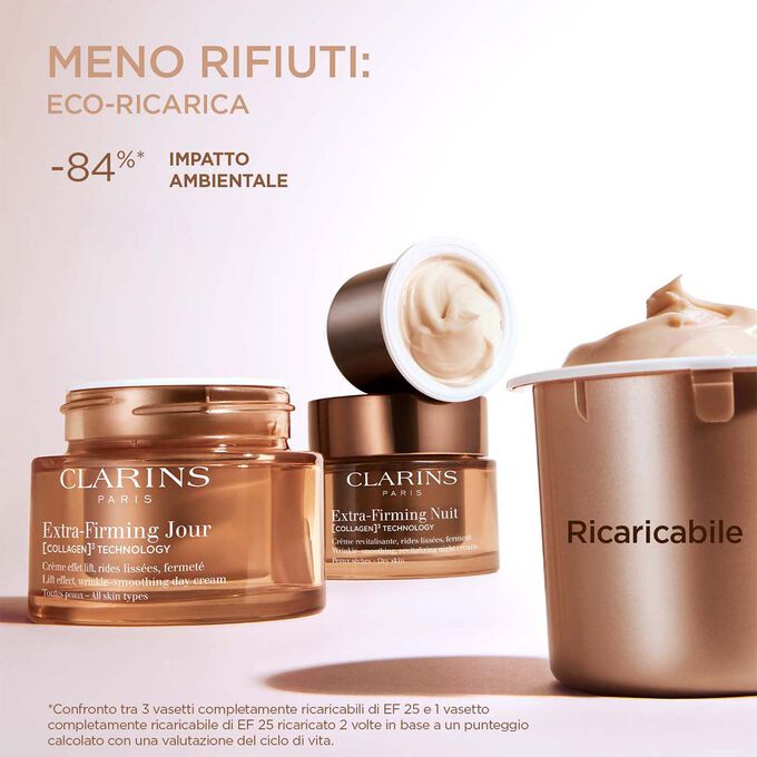 Primo piano sul packaging di Extra-Firming Antirughe Tutti i tipi di pelle per illustrare che la crema giorno ricaricabile &egrave; un&rsquo;opzione sostenibile ed economica.