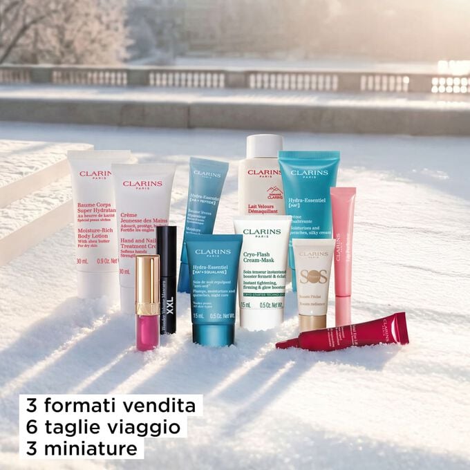 Calendario dell&rsquo;Avvento Beauty Clarins da 12 giorni, con prodotti skincare, corpo e make-up in formato vendita e miniature, in una confezione rossa.