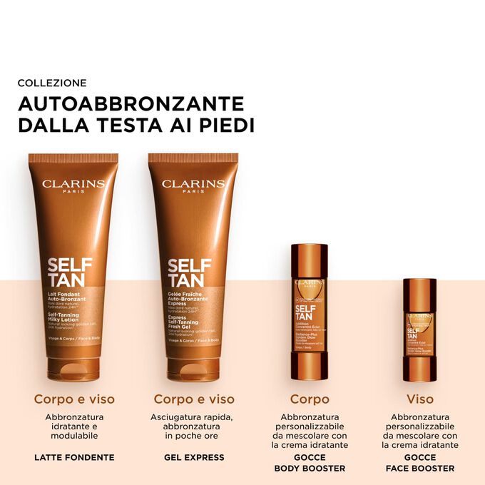 Foto della gamma Fake-Tanning di Clarins, che include prodotti autoabbronzanti per viso e corpo per un colorito radioso, dorato e baciato dal sole.