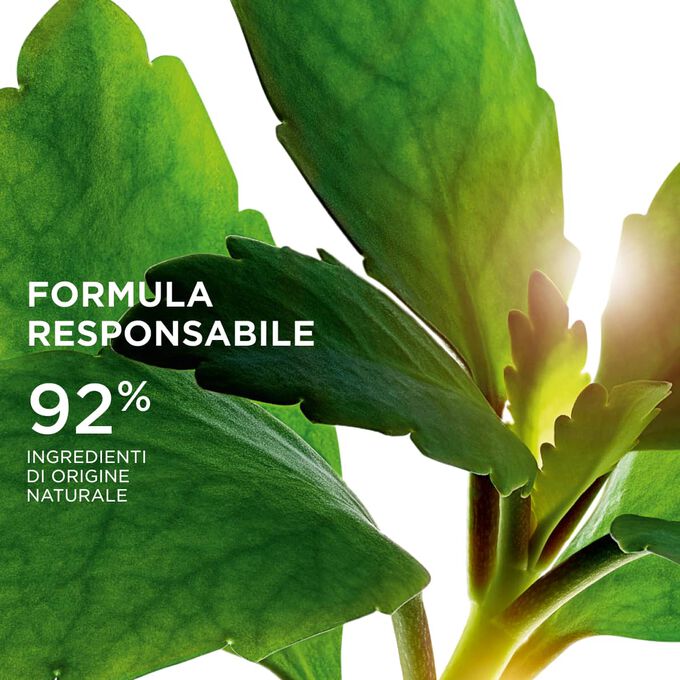 Focus sulle foglie, che mostrano il 92% di ingredienti naturali usati nella linea Precious per una formula skincare sostenibile.