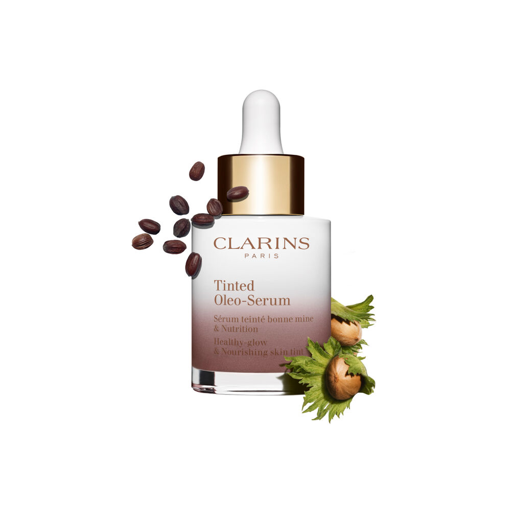 Tinted Oleo Serum packshot with jojoba and hazelnut ingredients