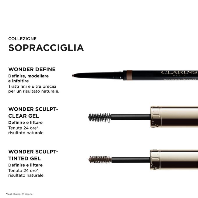 Routine Clarins per la definizione delle sopracciglia con prodotti must-have: Wonder Define, Sculpt-Clear Gel e Sculpt-Tinted Gel per un effetto modellante naturale e una tenuta di 24 ore.