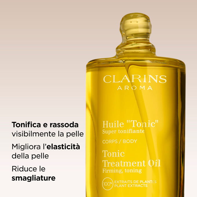 Olio corpo Huile Tonic Clarins: tonifica e rassoda visibilmente la pelle, riducendo le smagliature per una pelle liscia e compatta.