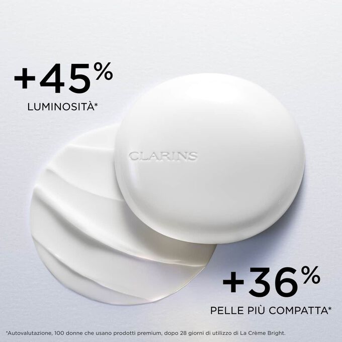 Packshot di Clarins Precious La Cr&egrave;me Bright che mette in risalto l&rsquo;effetto sulla luminosit&agrave; e sulla compattezza della pelle