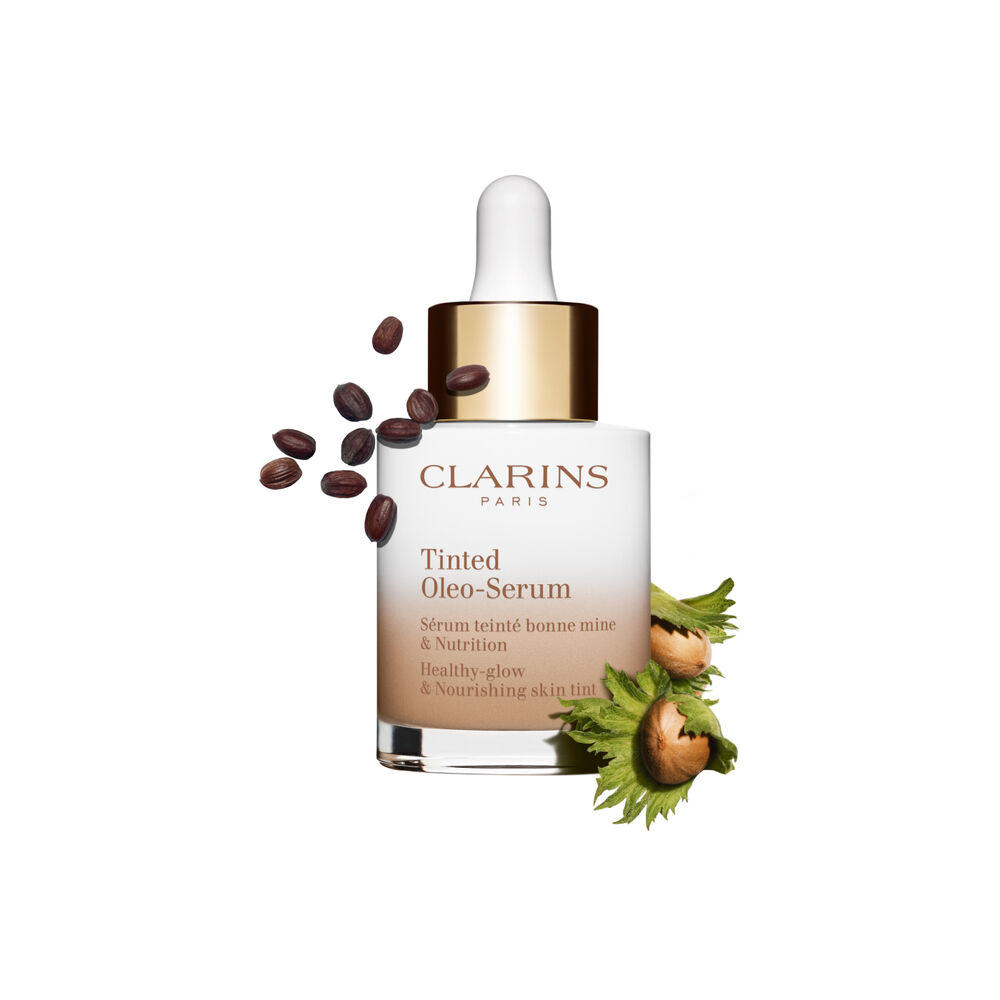 Tinted Oleo Serum packshot with jojoba and hazelnut ingredients