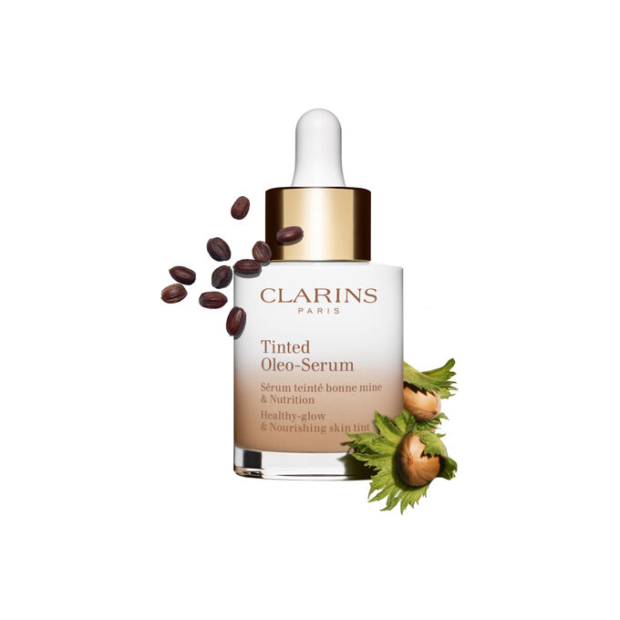 Tinted Oleo Serum packshot with jojoba and hazelnut ingredients