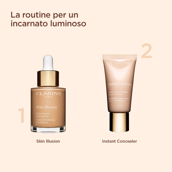Routine Clarins per un incarnato luminoso con Instant Concealer e Skin Illusion SPF15.