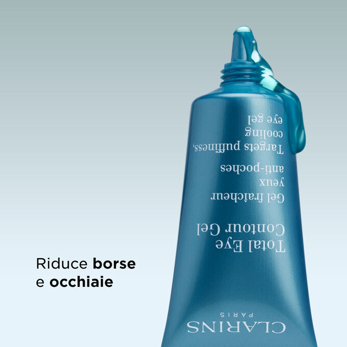 Tubetto di Total Eye Contour Gel che mostra i risultati clinici sulla riduzione di borse e occhiaie per uno sguardo fresco.