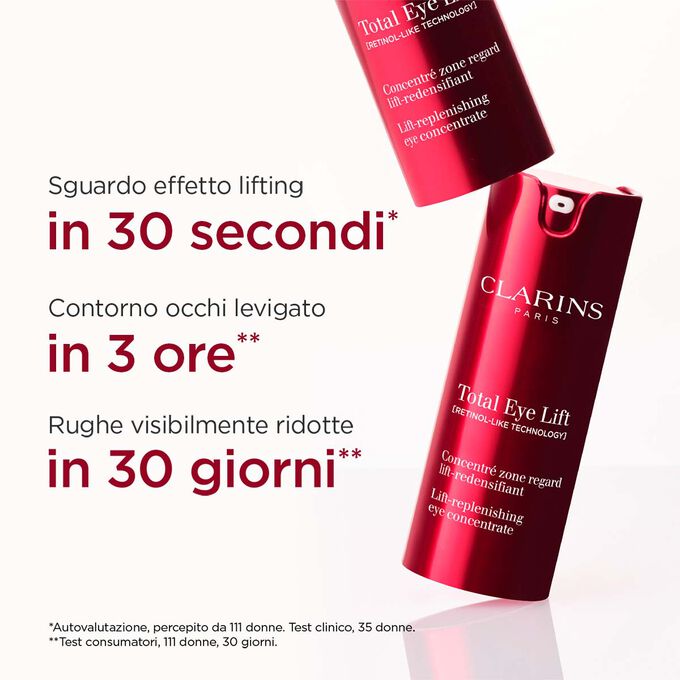 Packshot di Clarins Total Eye Lift con testo che evidenzia l’effetto lifting in 30 minuti, l’azione levigante in 3 ore e la riduzione delle rughe in 30 giorni.