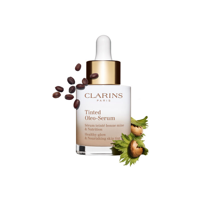 Tinted Oleo Serum packshot with jojoba and hazelnut ingredients