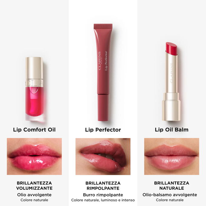 La linea Clarins completa per la cura delle labbra, che comprende l&rsquo;olio idratante labbra originale e diverse opzioni per un finish colorato personalizzato.