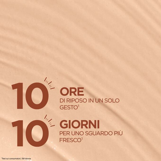 Una texture perfezionatrice che dona l'effetto di 10 ore di sonno e contribuisce a rendere il contorno occhi pi&ugrave; fresco in soli 10 giorni, per uno sguardo riposato e luminoso.