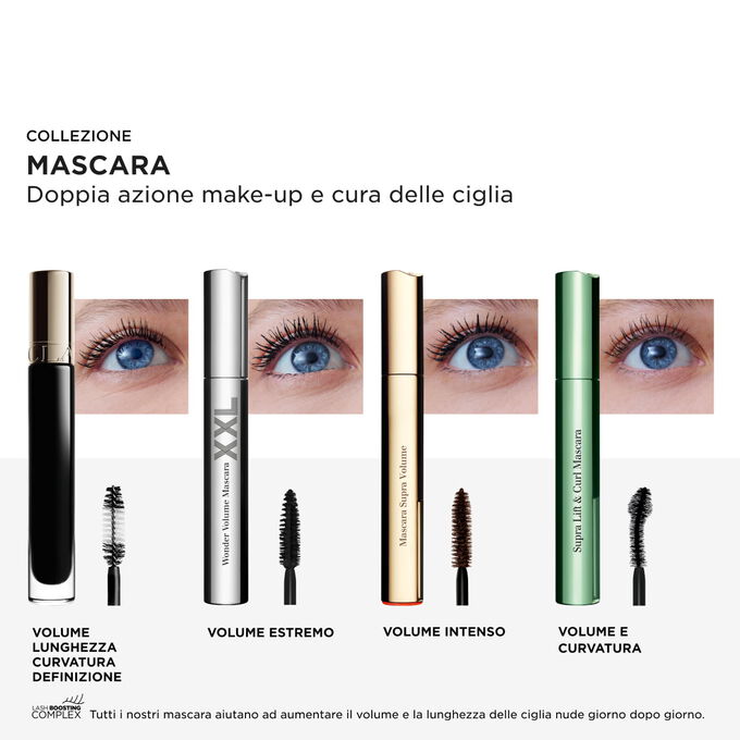 La collezione di mascara Clarins che esalta volume, lunghezza, curvatura e definizione, con Lash Boosting Complex che garantisce nutrizione e prestazioni eccezionali.