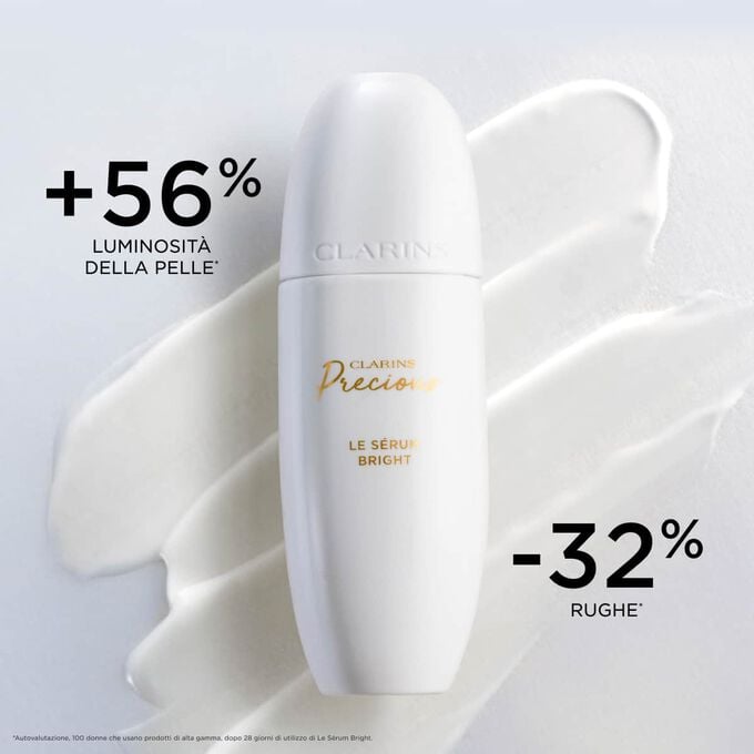 Packshot di Clarins Precious Le S&eacute;rum Bright su uno sfondo texturizzato, che mette in risalto l&rsquo;effetto sulla luminosit&agrave; della pelle e sulla riduzione delle rughe.