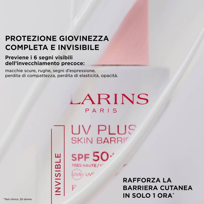 Clarins UV Plus Skin Barrier Fluid met&agrave; nascosto, che sottolinea la protezione giovinezza invisibile e il rinforzo della barriera cutanea in 1 ora.