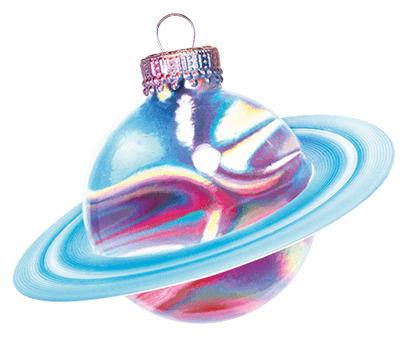 Composizione decorativa natalizia con astronauti, una stella e un pianeta che si presenta come una luce per l’albero di Natale